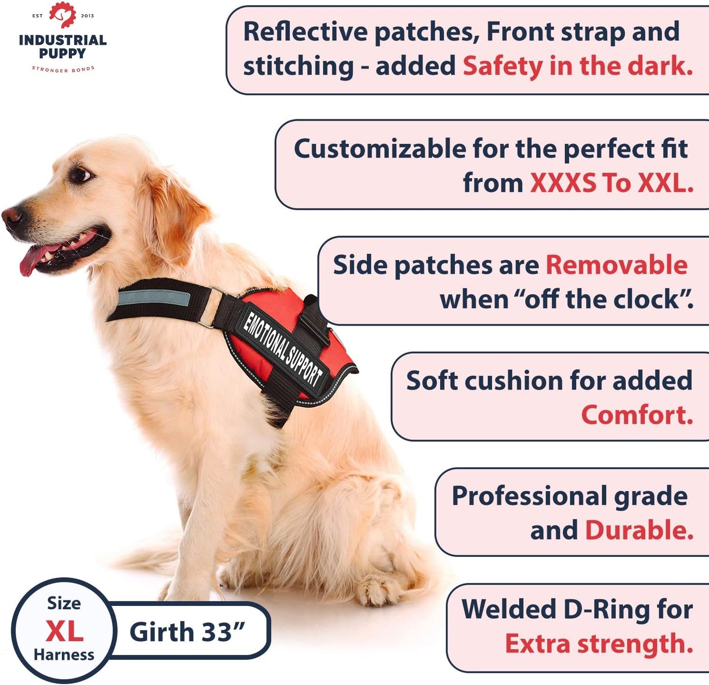 Premium Pink Emotional Support Dog Vest Harness - Large (27-33 In) | Durable, Adjustable, Reflective Straps, Removable Patches, Handle & Leash Attachment for Travel & Daily Use