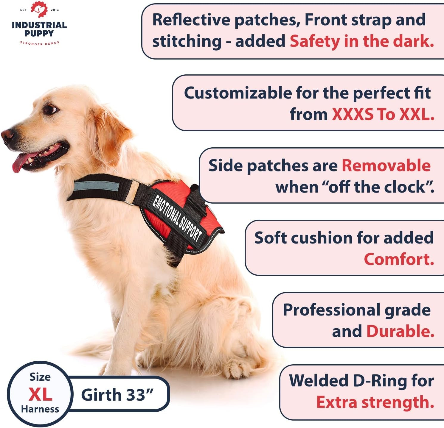 Premium Pink Emotional Support Dog Vest Harness - Large (27-33 In) | Durable, Adjustable, Reflective Straps, Removable Patches, Handle & Leash Attachment for Travel & Daily Use
