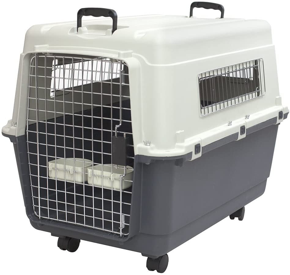 Sportpet Airline Compliant LARGE 31.5" Travel Dog Kennel-Durable Plastic Airline Pet Carrier W/ Removable Wheels & Food Bowls, Collapsible Indoor/Outdoor Dog Kennel, Dogs up to 28"L & 20"H-Cream/Gray
