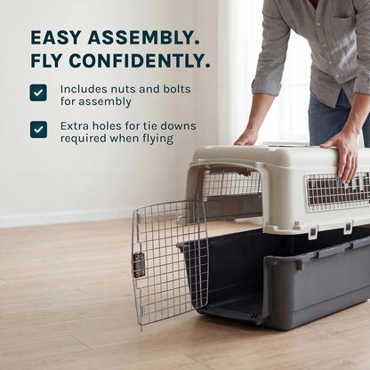 Sportpet Airline Compliant LARGE 31.5" Travel Dog Kennel-Durable Plastic Airline Pet Carrier W/ Removable Wheels & Food Bowls, Collapsible Indoor/Outdoor Dog Kennel, Dogs up to 28"L & 20"H-Cream/Gray