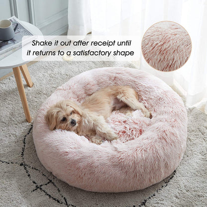 Cozy Calming Donut Cat & Small Dog Bed - 20" Pink Fluffy Faux Fur, Washable, Anti-Anxiety, Self-Warming Cuddler for Pets Up to 12 lbs