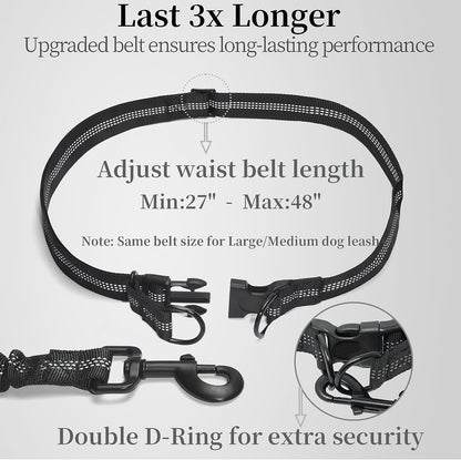 Hands Free Dog Leash with Zipper Pouch, Medium, 8-25 Lbs, Black | Waist Leash, Dual Padded Handles, Shock-Absorbing Bungee, Adjustable Waist Belt, Walking and Running