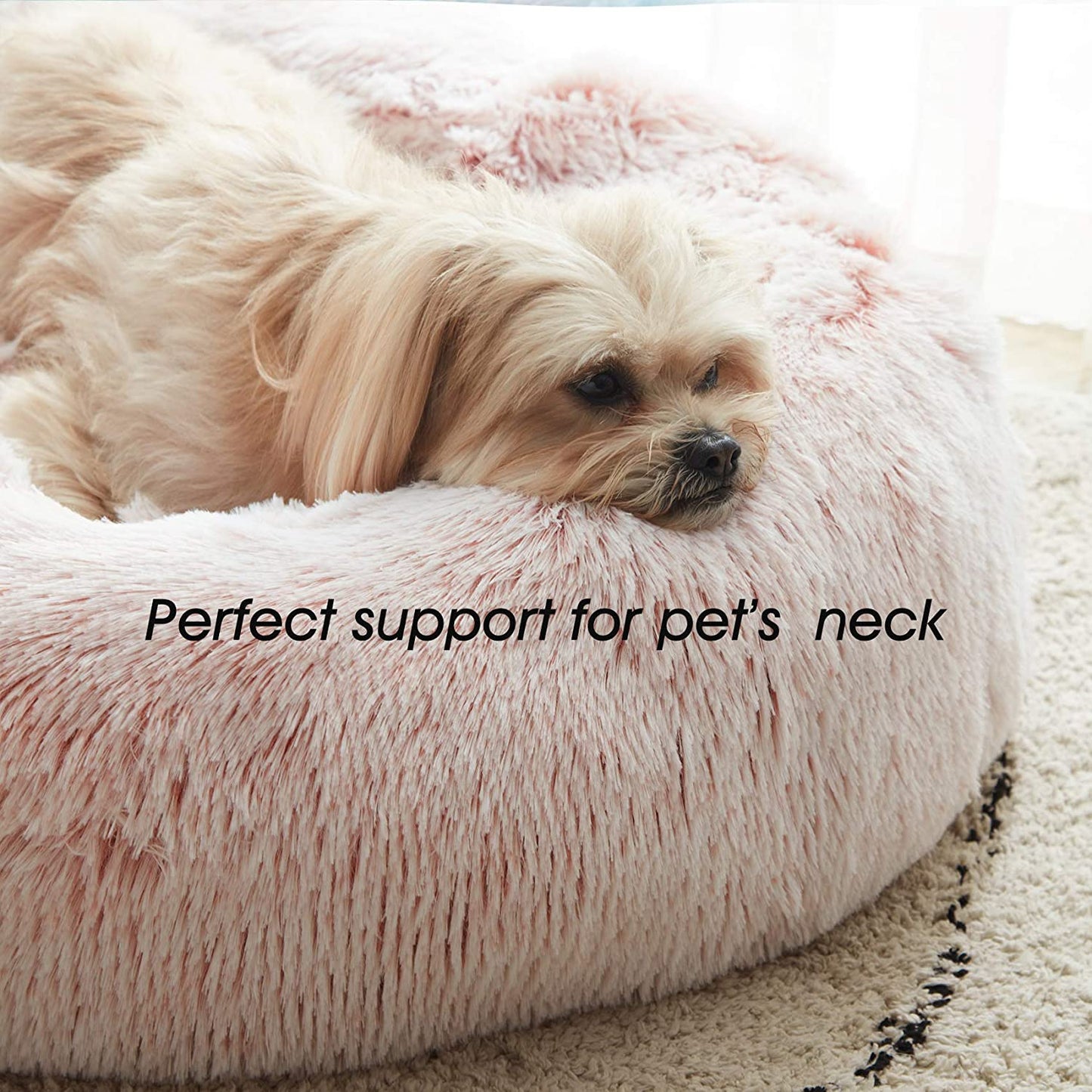Cozy Calming Donut Cat & Small Dog Bed - 20" Pink Fluffy Faux Fur, Washable, Anti-Anxiety, Self-Warming Cuddler for Pets Up to 12 lbs