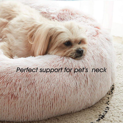 Cozy Calming Donut Cat & Small Dog Bed - 20" Pink Fluffy Faux Fur, Washable, Anti-Anxiety, Self-Warming Cuddler for Pets Up to 12 lbs