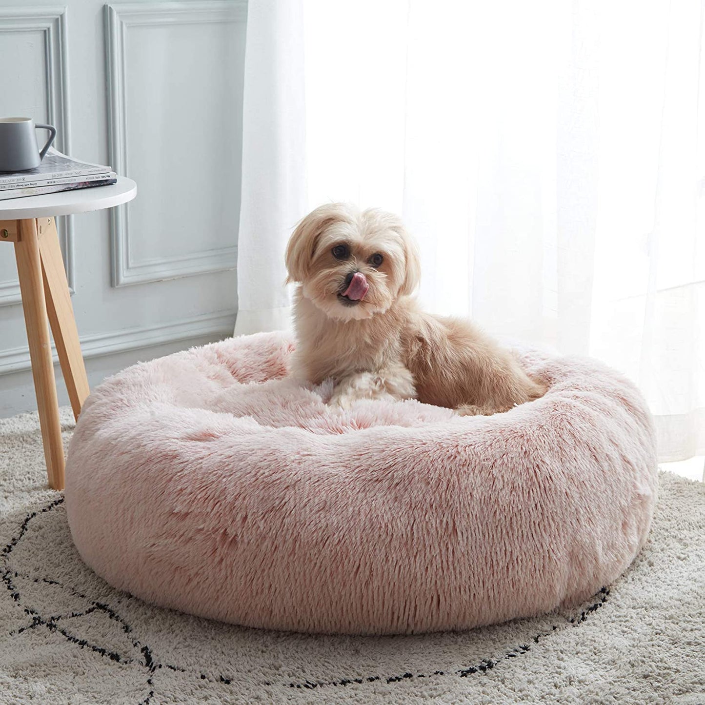 Cozy Calming Donut Cat & Small Dog Bed - 20" Pink Fluffy Faux Fur, Washable, Anti-Anxiety, Self-Warming Cuddler for Pets Up to 12 lbs