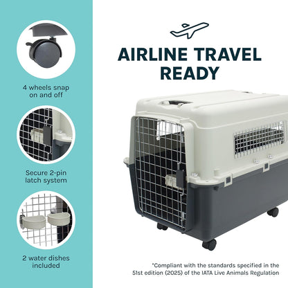 Sportpet Airline Compliant LARGE 31.5" Travel Dog Kennel-Durable Plastic Airline Pet Carrier W/ Removable Wheels & Food Bowls, Collapsible Indoor/Outdoor Dog Kennel, Dogs up to 28"L & 20"H-Cream/Gray