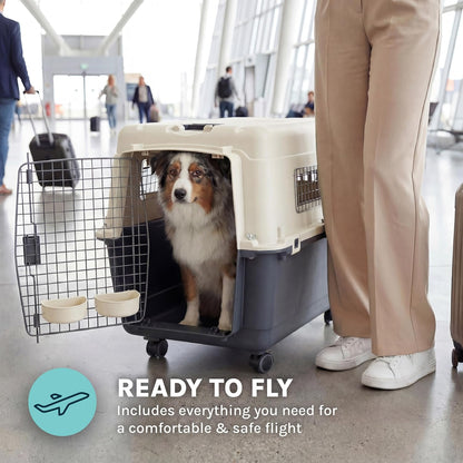 Sportpet Airline Compliant LARGE 31.5" Travel Dog Kennel-Durable Plastic Airline Pet Carrier W/ Removable Wheels & Food Bowls, Collapsible Indoor/Outdoor Dog Kennel, Dogs up to 28"L & 20"H-Cream/Gray