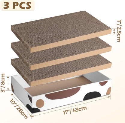 Cat Scratcher Box 17 X 10 In, 3 Reversible Cardboard Pads for Cats | Cat Scratching Bed, Three Scratch Boards, Corrugated Cardboard, Furniture Protection, Indoor Floor Use, Claw Care