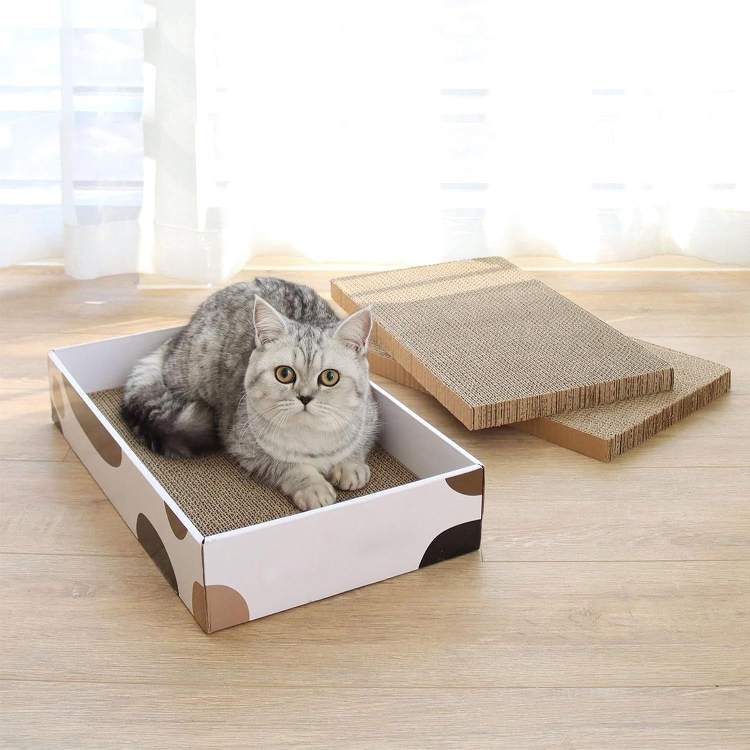Cat Scratcher Box 17 X 10 In, 3 Reversible Cardboard Pads for Cats | Cat Scratching Bed, Three Scratch Boards, Corrugated Cardboard, Furniture Protection, Indoor Floor Use, Claw Care